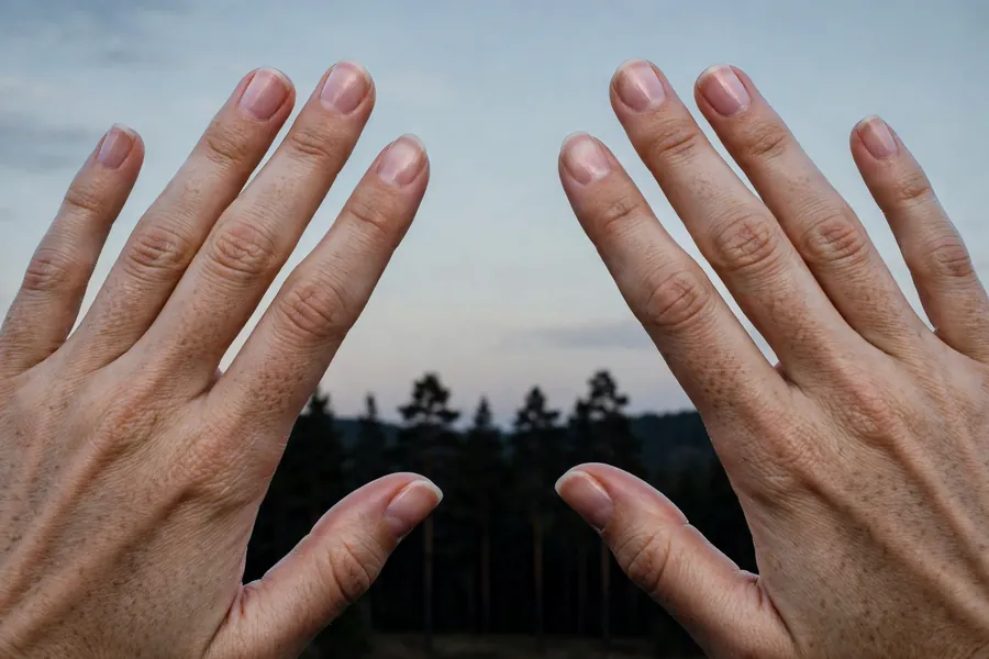 Dark pine forest silhouette nail art on real hands at dusk