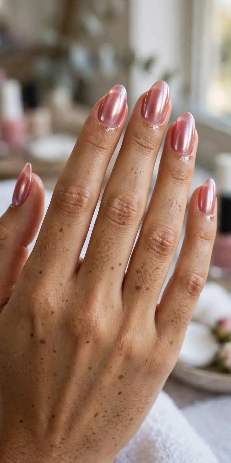 Raspberry jelly nails with a reflective chrome finish over the jelly base
