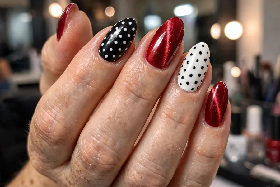 Red cherry polka dot cat eye nails with black and white dots