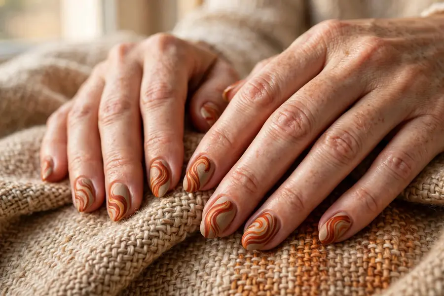 Rust orange swirl art earthy nails on real hands
