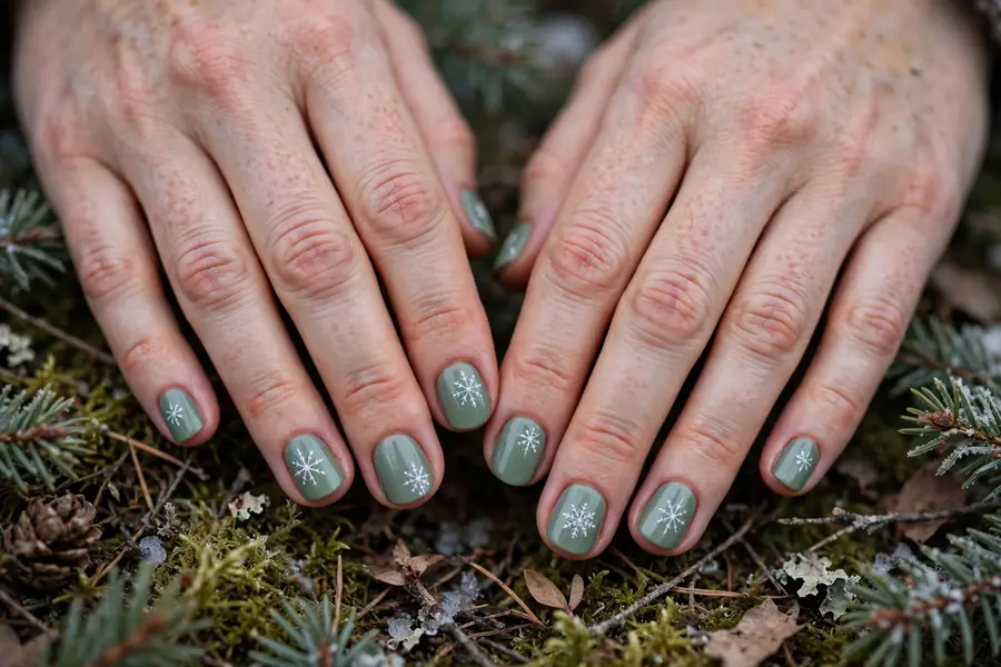 Muted sage green nails with simple white snowflake nail art on real hands