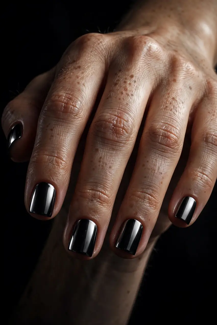 Short square black gothic chrome nails