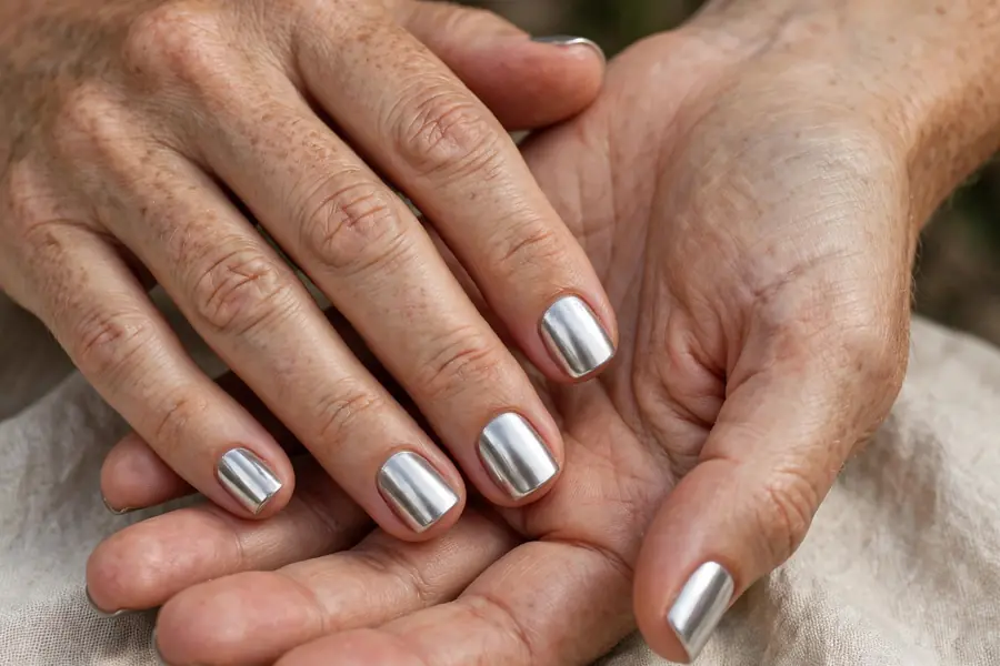 Short square silver chrome nails on real hands typing on a keyboard