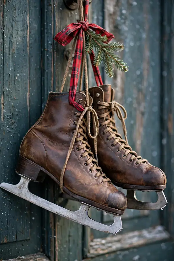 Photorealistic photograph of vintage ice skates tied together with ribbon hanging on a winter front door