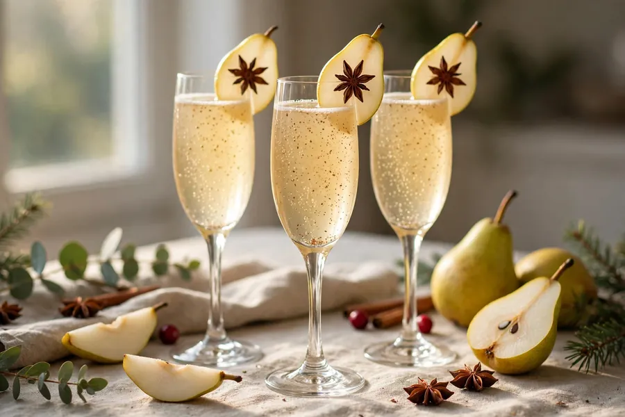 Spiced pear bellinis in flutes with pear slices and star anise