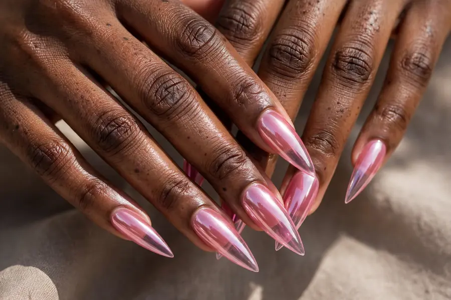 Long stiletto jelly pink chrome nails with glossy finish