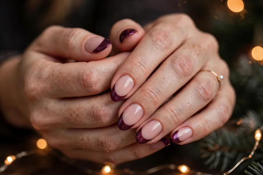 Sugar plum purple Christmas French tip nails on real hands with holiday lights