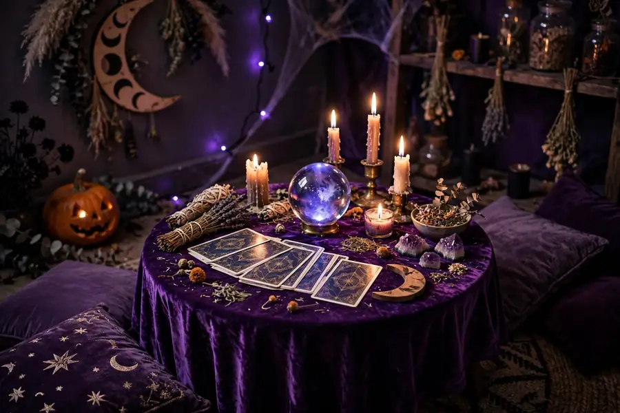 Tarot reading corner with velvet tablecloth, tarot cards, crystal ball and candles