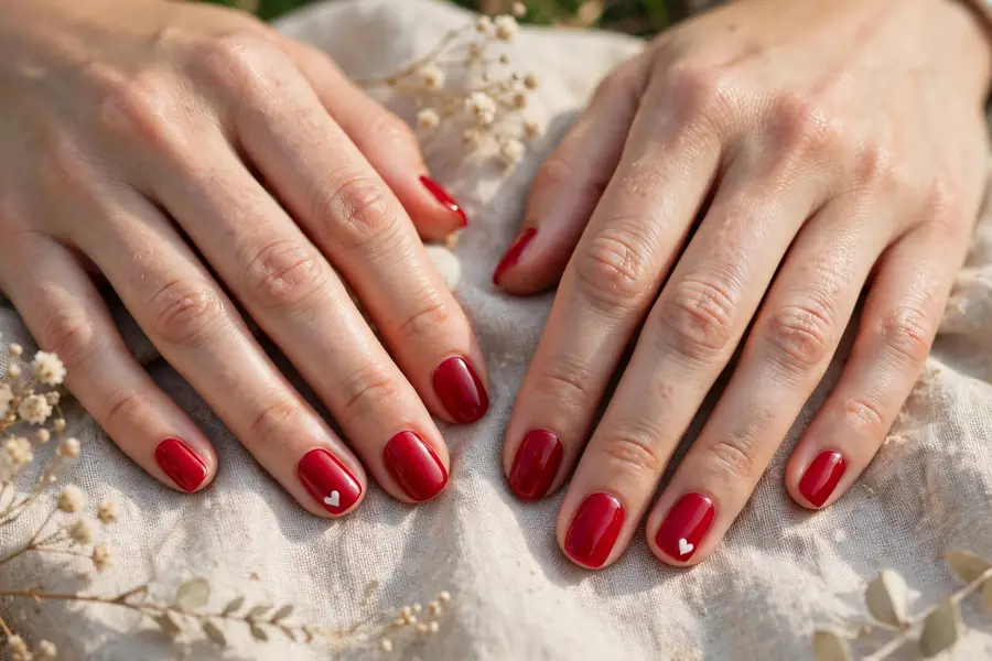 Classic red nails with a tiny white heart accent on real hands