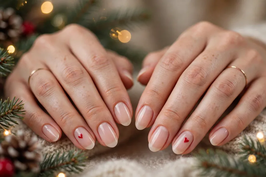 Nude nails with tiny red hearts