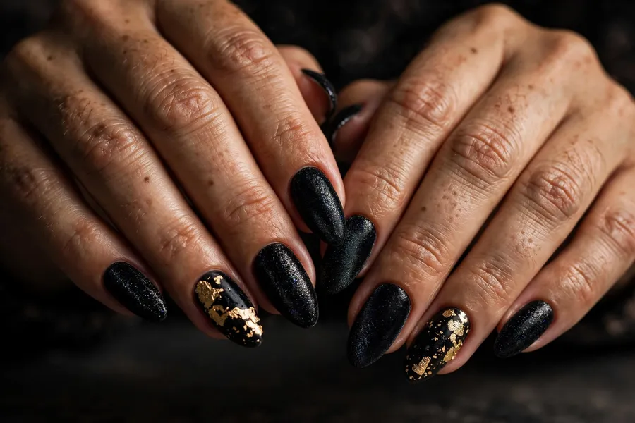 Black velvet nails with gold leaf accents on real hands