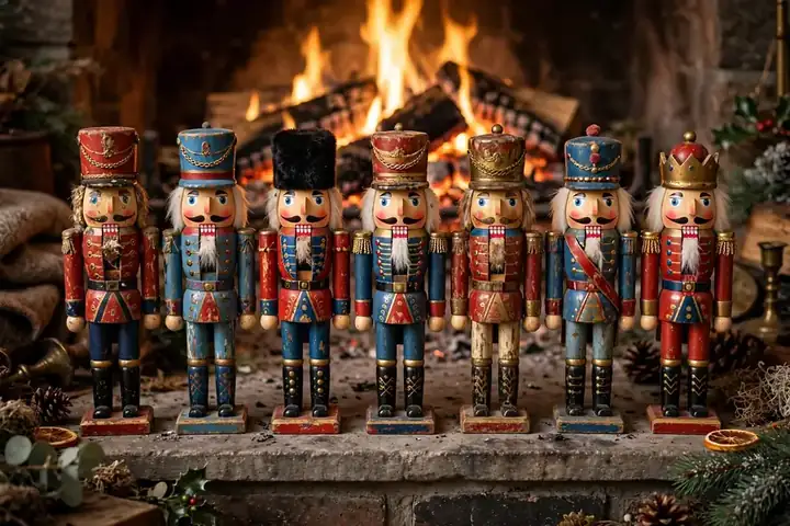 Collection of vintage hand painted wooden nutcracker soldiers on a hearth