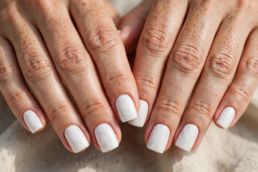 All-white nails with faint marble veining