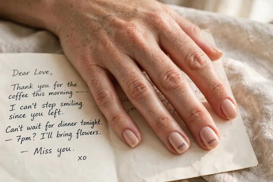 Minimalist XOXO Valentine's Day nails with tiny letters on nude