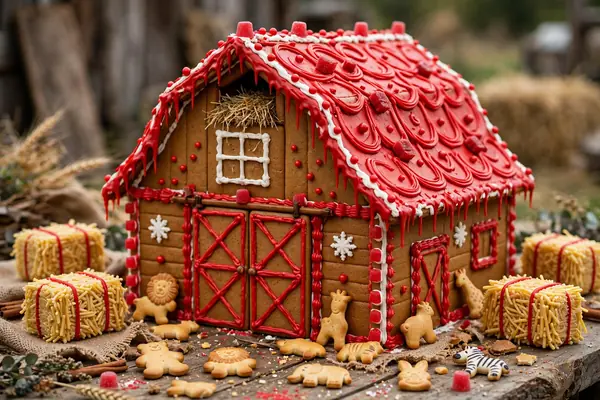 Photorealistic photograph of a red-iced gingerbread barn with animal crackers and candy hay bales