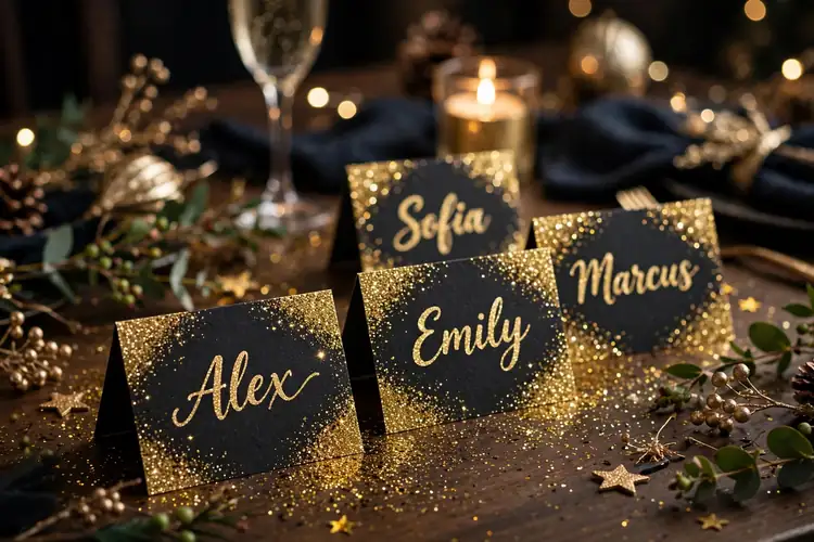 Sparkling place cards with gold glitter for a New Year's Eve dinner