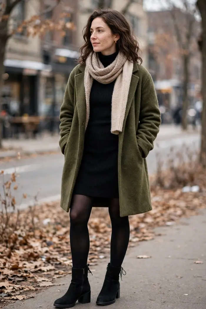 Woman in a black turtleneck dress with opaque tights and ankle boots