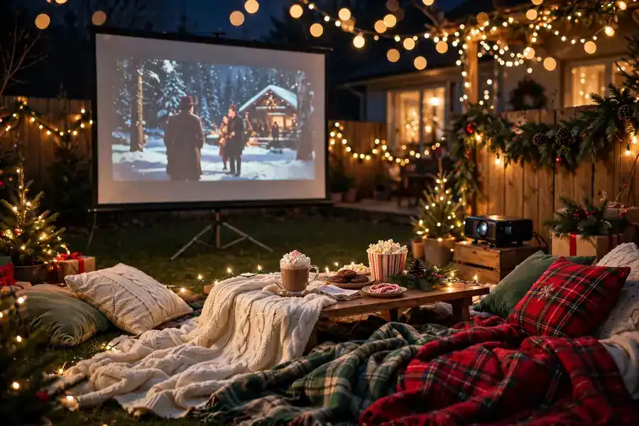 Outdoor backyard movie setup with projector screen, blankets and Christmas lights at night