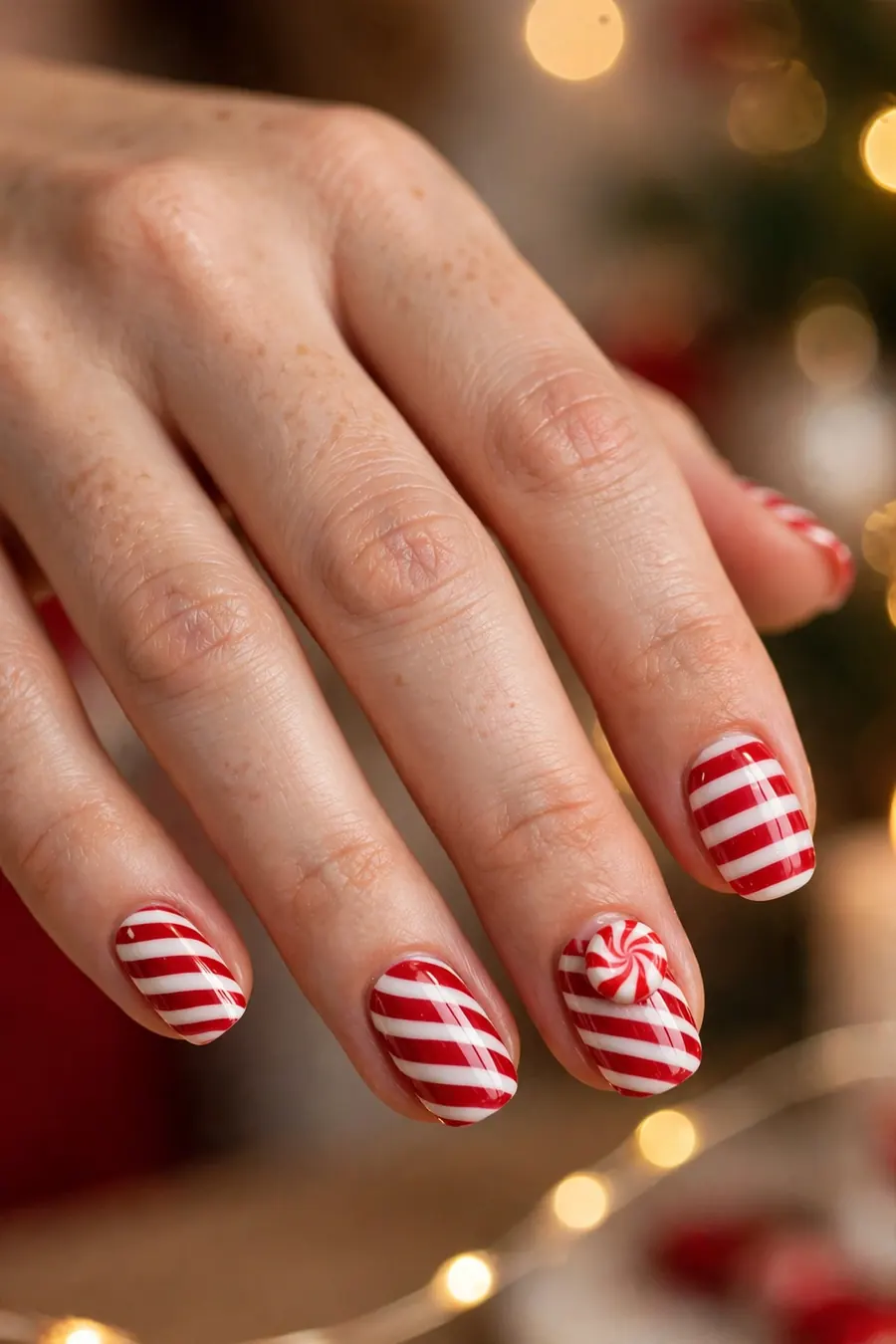 3D peppermint candy nails with raised candy charms on real hands