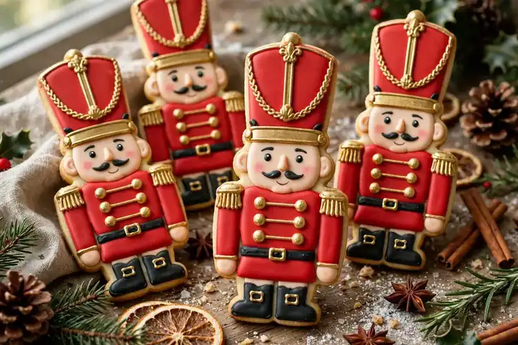 Nutcracker soldier cookies with red jackets, tall hats and gold buttons