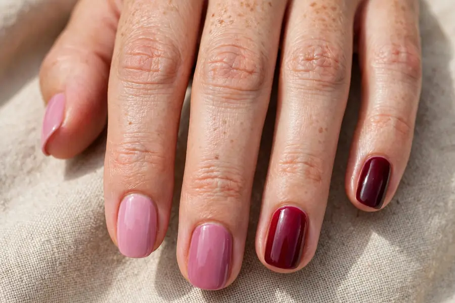 Skittle nails in five shades of cranberry and berry
