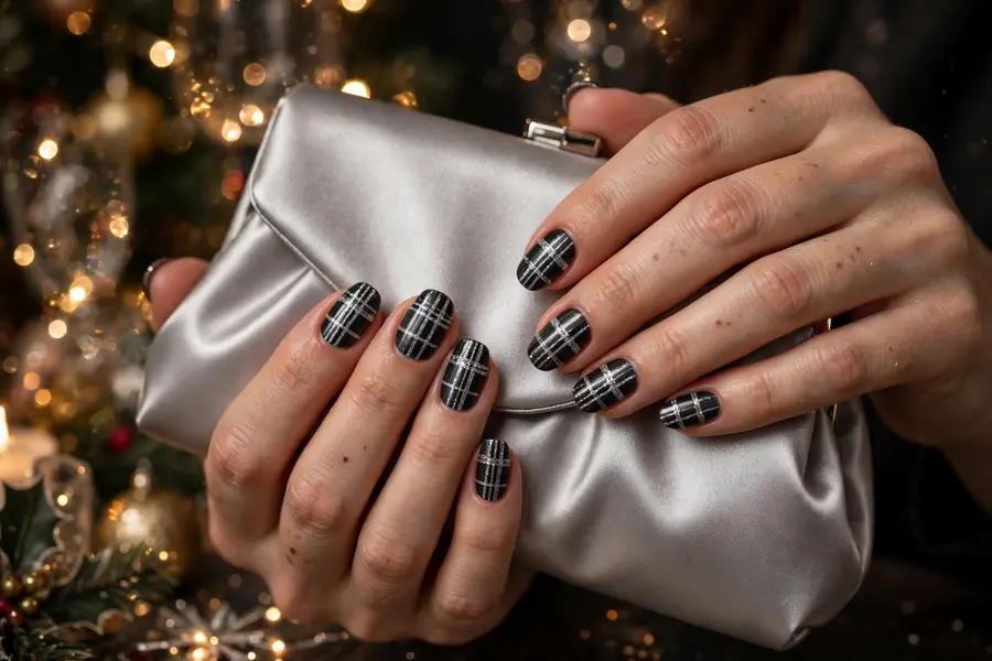 Silver tinsel plaid nails
