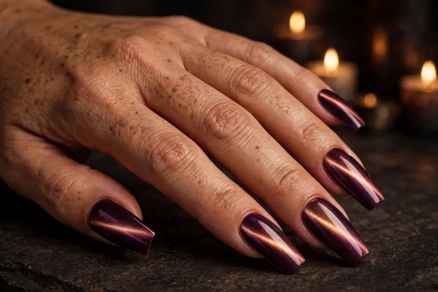 Coffin nails with aubergine-to-rose gold two tone cat eye nail polish, rich metallic glow