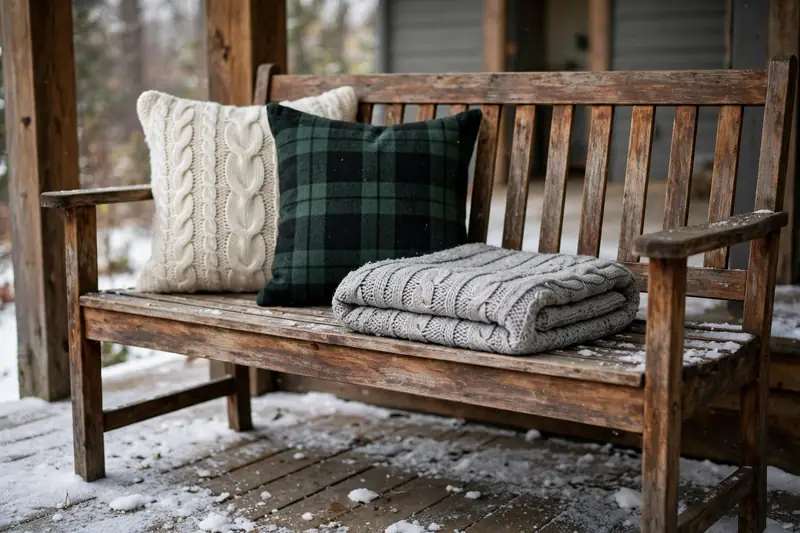 Photorealistic photograph of a wooden porch bench with winter pillows and a folded throw blanket