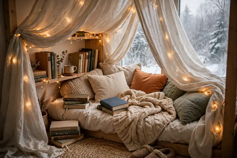 Reading corner draped with soft canopy fabric cushions books and fairy lights