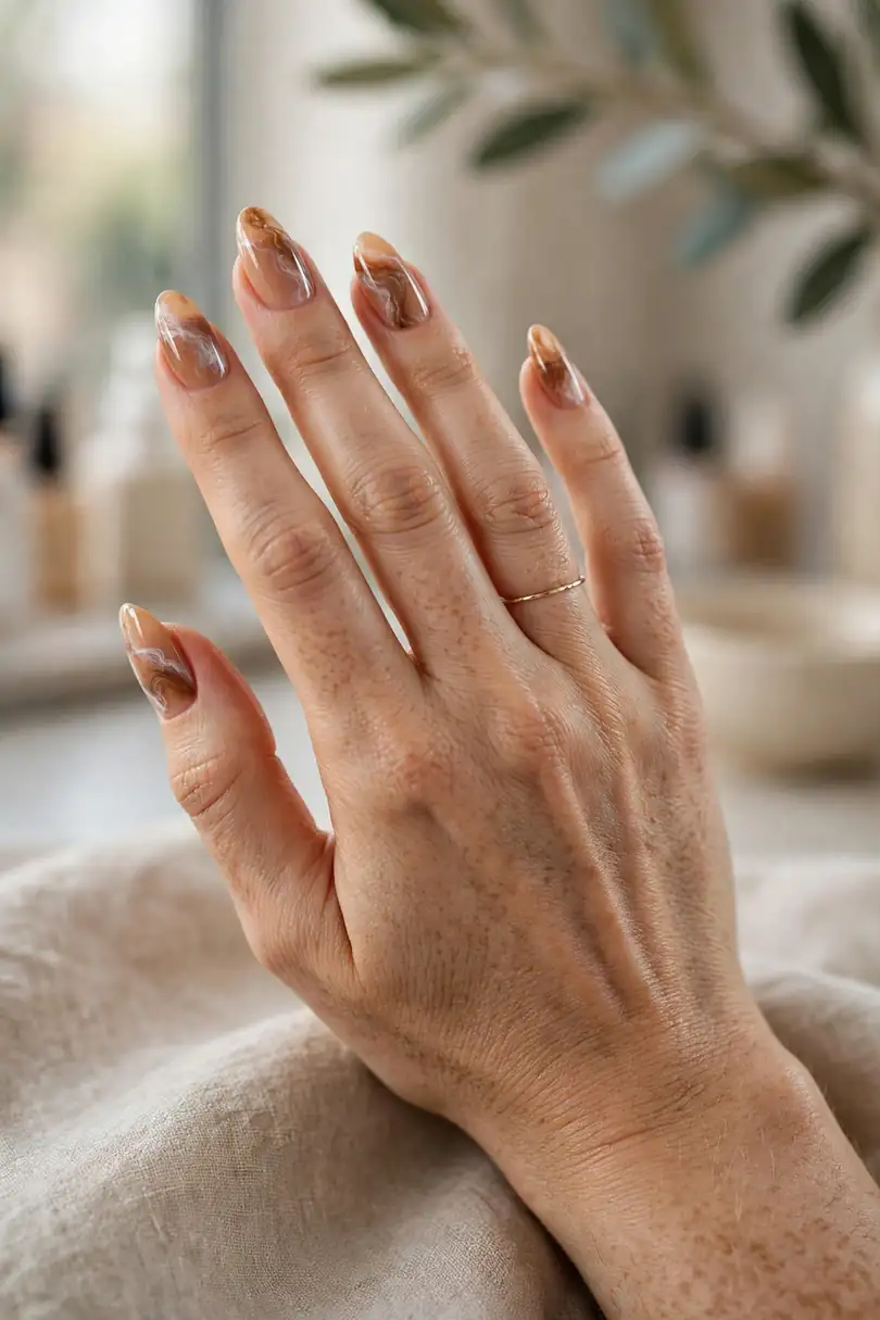 Caramel nude nails with soft marble veining in white and brown
