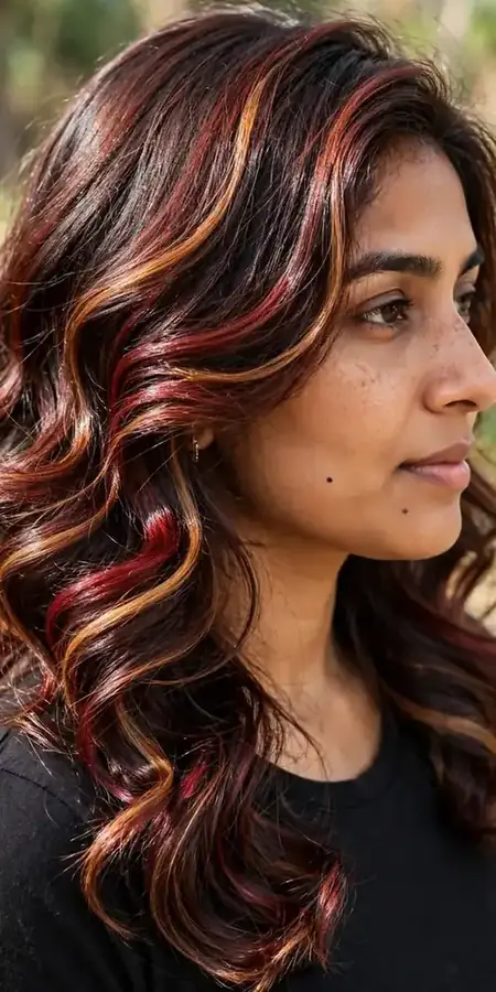 Cherry cola brunette with caramel ribbon highlights for warm dimension