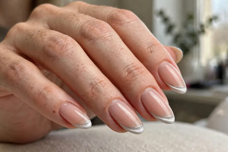 Nude nails with cat-eye magnetic French tips