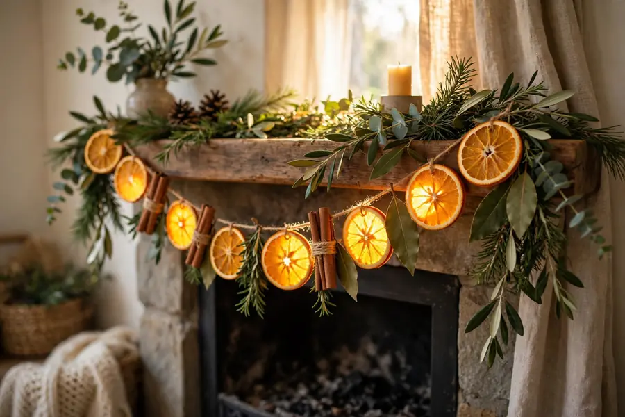 Dried orange slice and cinnamon garland hanging on a mantel with greenery