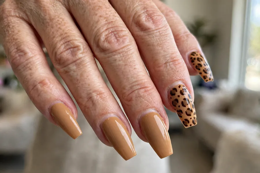 Leopard print accent coffin nails