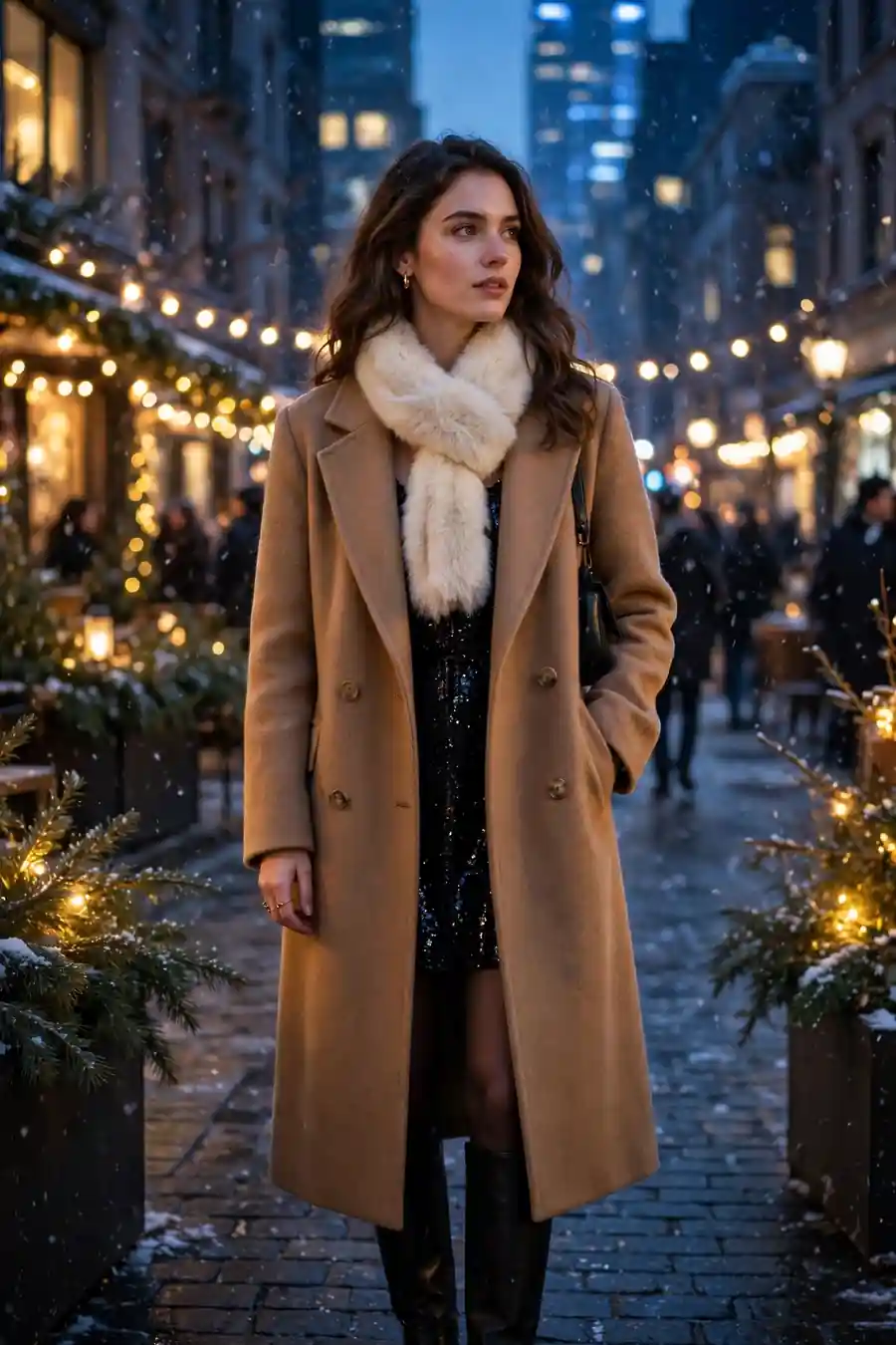 Party dress with long camel wool coat and knee-high boots at a winter evening event