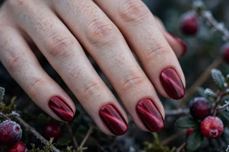 Cranberry red velvet nails on real hands
