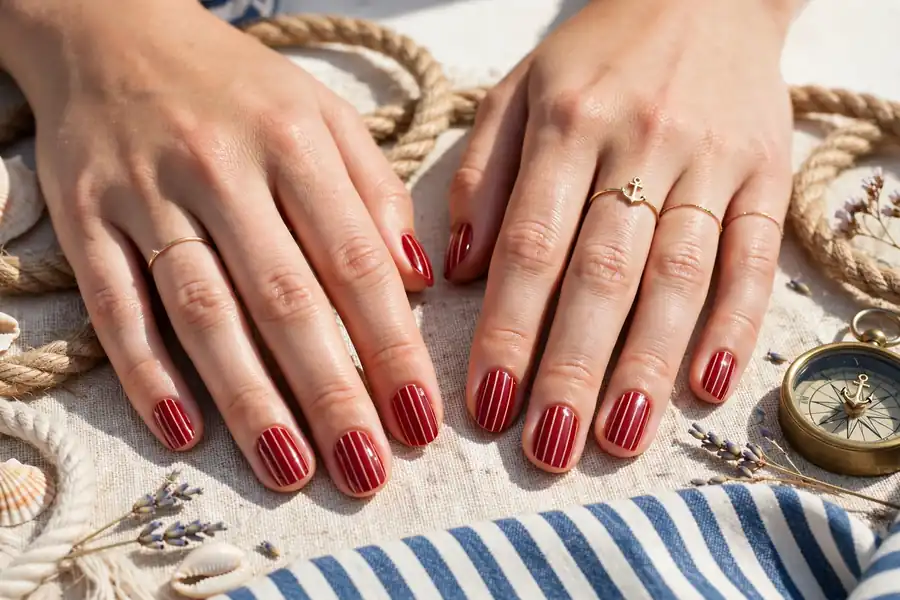 Red nails with thin cream stripes on real hands