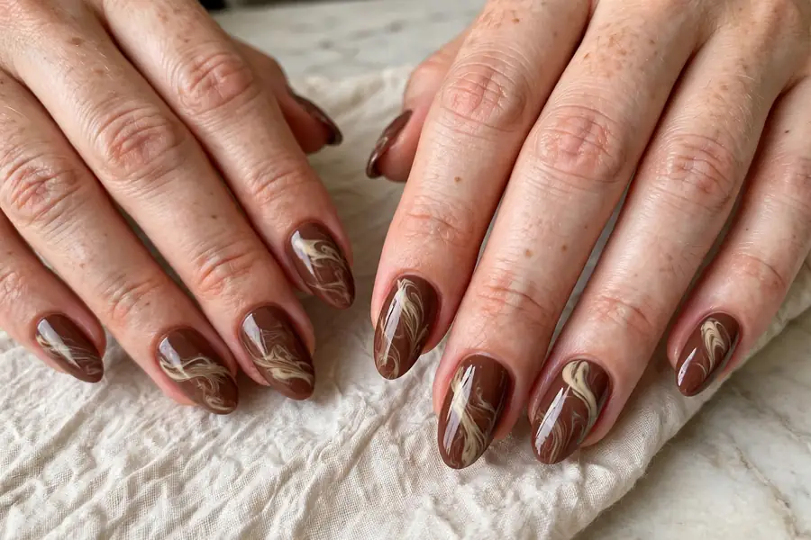 Cream marble swirl hot chocolate nails on real hands