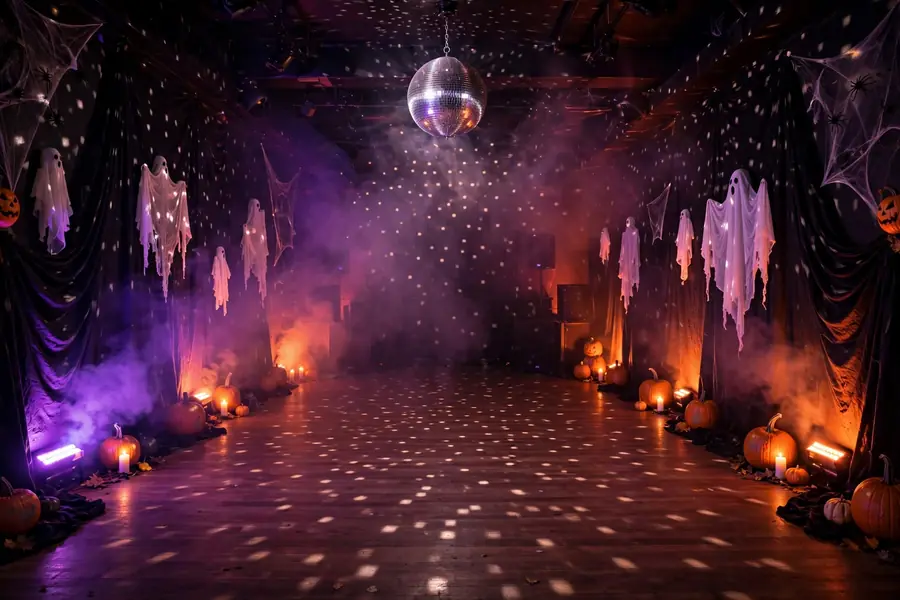 Halloween party dance floor with purple and orange lighting, disco ball and fog