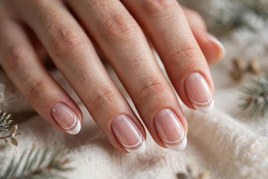 Double French winter white Christmas French tip nails on real hands in soft light