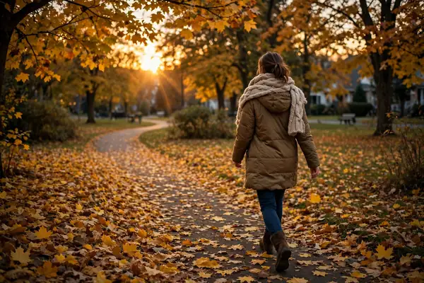 Evening walk on leaf-covered path for fall self care routine