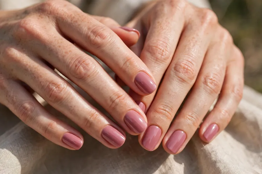 Dusty rose blush nails on real hands with a muted mauve pink manicure