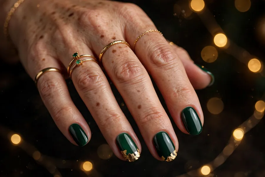 Emerald and gold december nail ideas in deep emerald green with gold foil accents