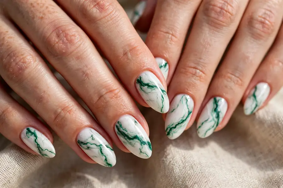 White marble nails with emerald green veins