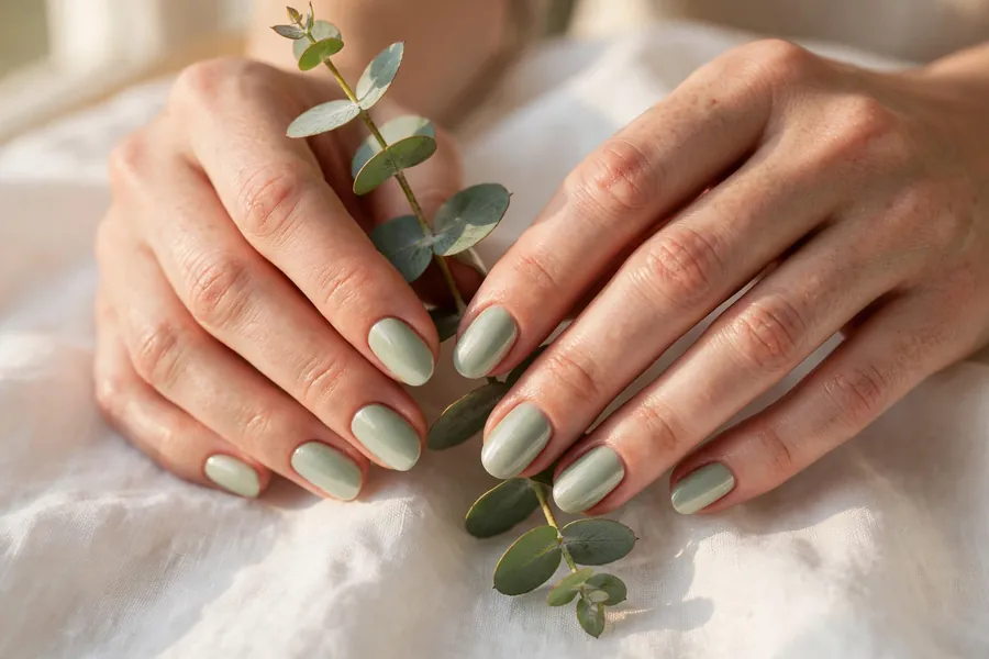 Eucalyptus sage green earthy nails on real hands