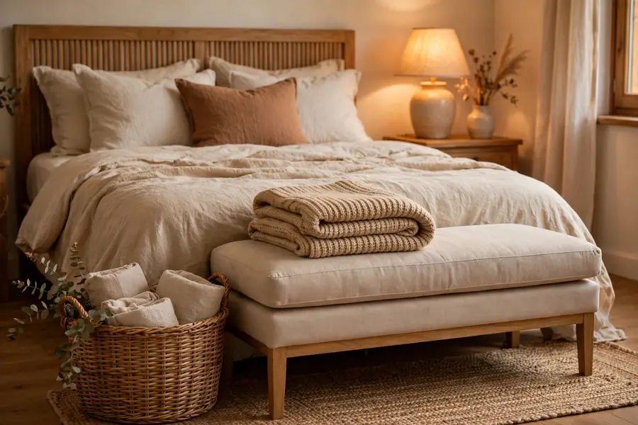 woven basket and soft bench at the foot of a cozy bed