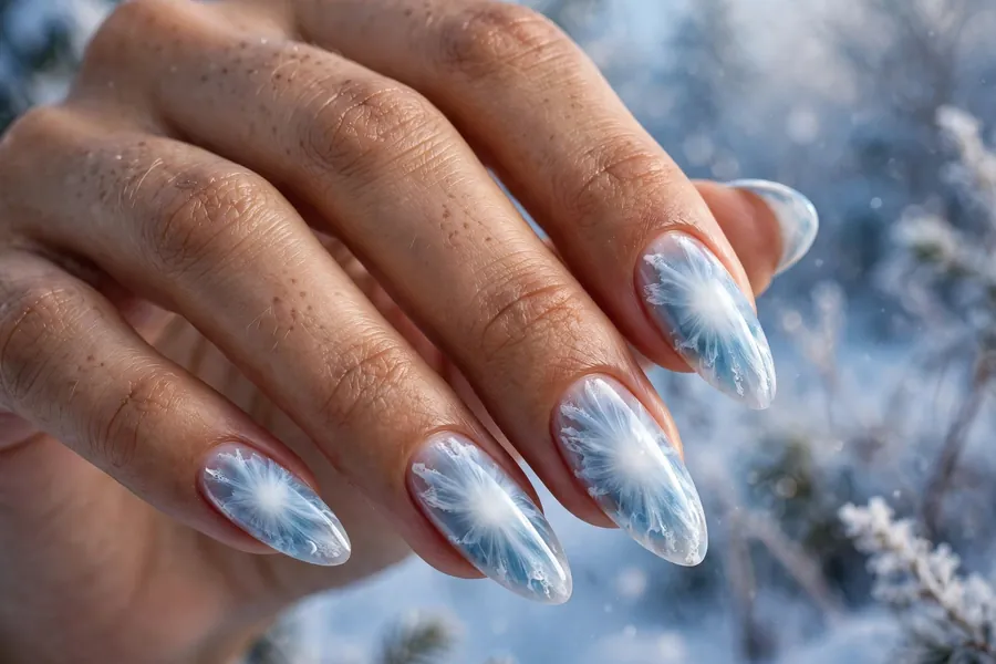 Frost aura nails with icy blue and white winter gradients
