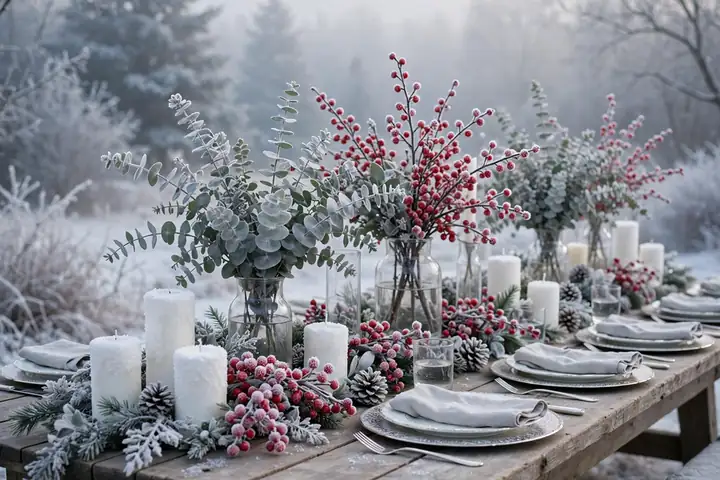 Frosted berry branches and eucalyptus in a wintry christmas table setting