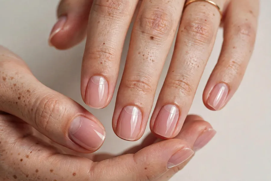 Glass half moon negative space nails on real hands