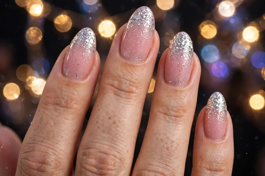 Pink to silver glitter ombre birthday nails